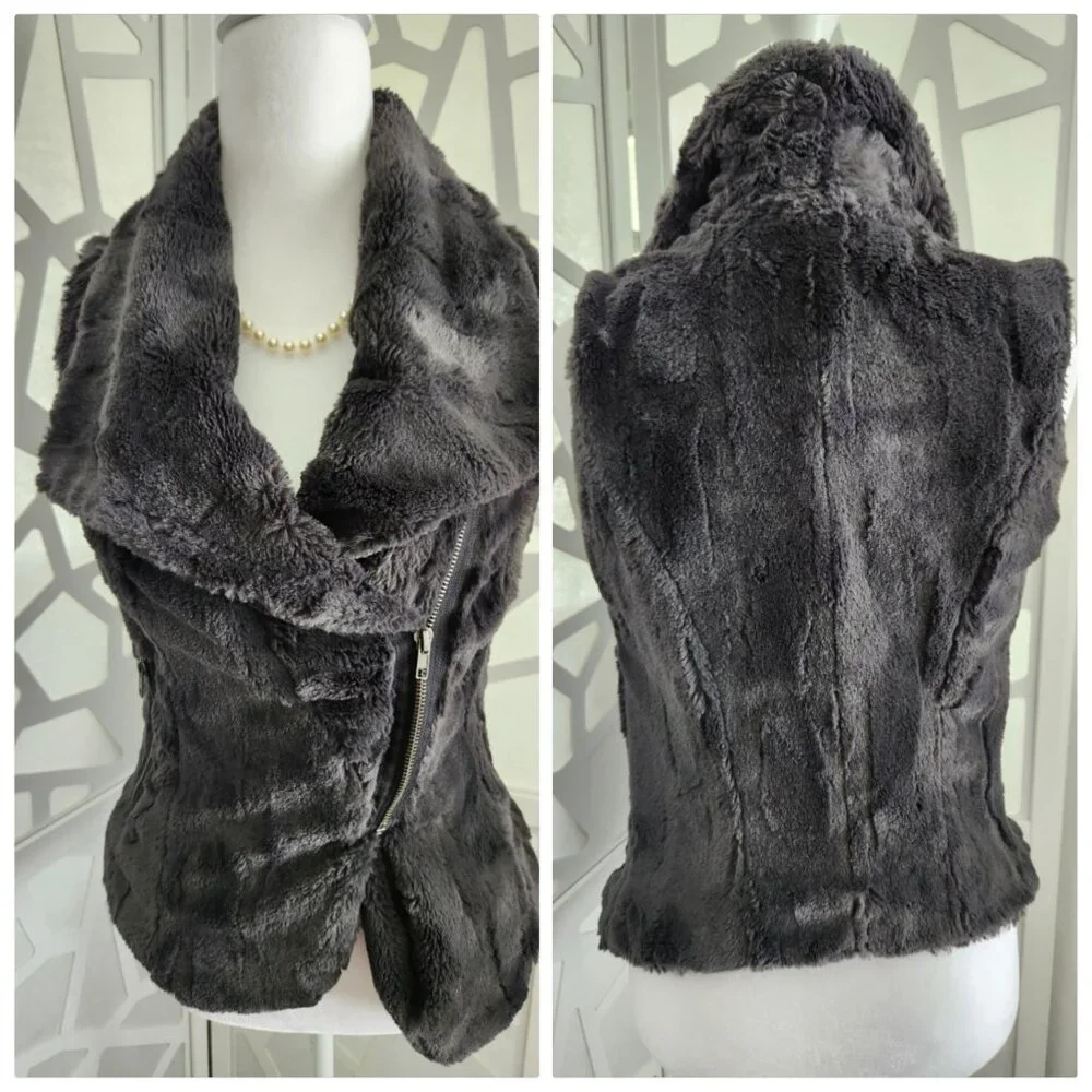 Faux Fur Vest - Dark Grey Beautiful Large Collar - Picture 2 of 10
